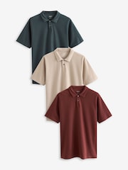 Grey/Clay Red/Ecru Textured Regular Fit Short Sleeve Jersey Polo Shirts 3 Pack - Image 1 of 12
