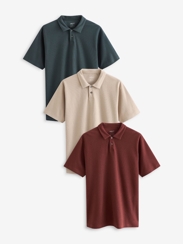 Grey/Clay Red/Ecru Textured Regular Fit Short Sleeve Jersey Polo Shirts 3 Pack - Image 1 of 12