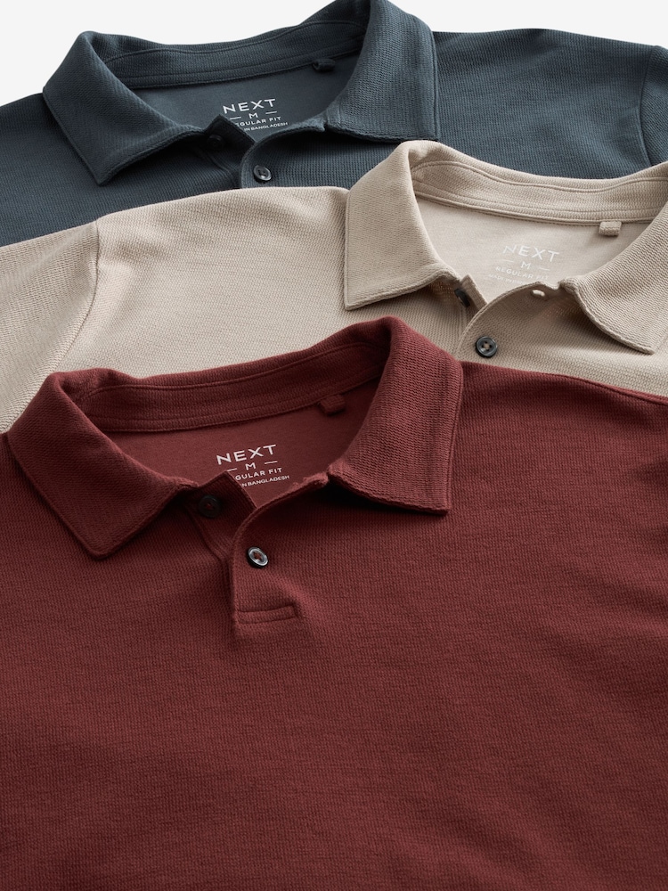 Grey/Clay Red/Ecru Textured Regular Fit Short Sleeve Jersey Polo Shirts 3 Pack - Image 2 of 12