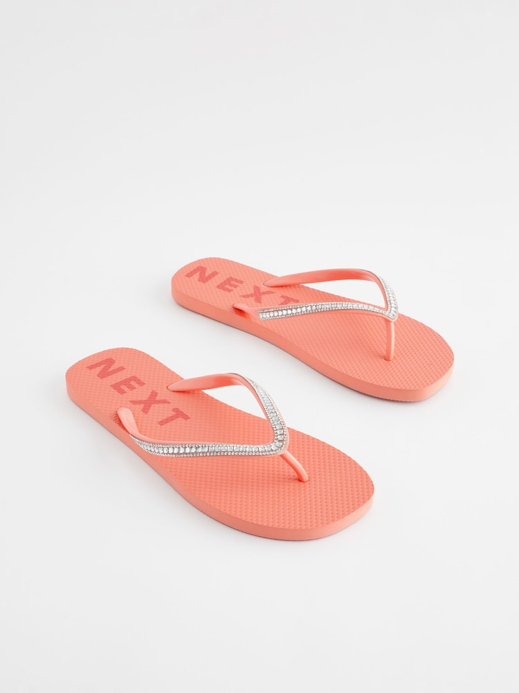 Coral Pink Jewelled Beach Flip Flops - Image 1 of 5