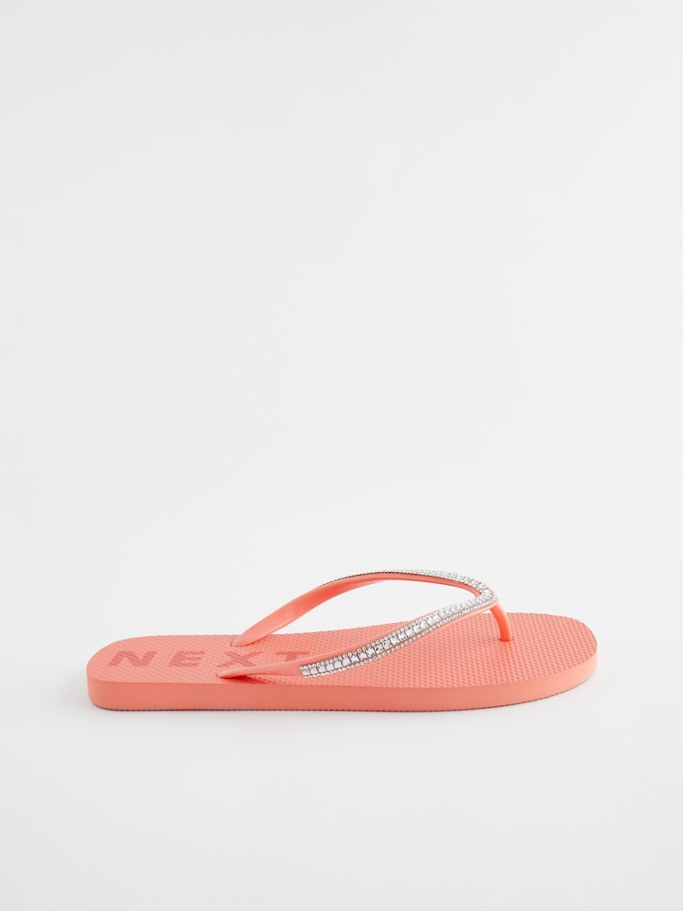 Coral Pink Jewelled Beach Flip Flops - Image 2 of 5