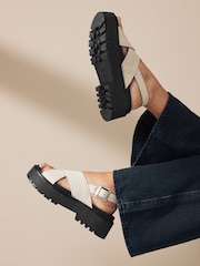Bone Regular/Wide Fit Leather Chunky Cross Strap Sandals - Image 3 of 9