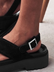 Black Regular/Wide Fit Leather Chunky Cross Strap Sandals - Image 2 of 7