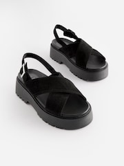 Black Regular/Wide Fit Leather Chunky Cross Strap Sandals - Image 3 of 7