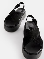 Black Regular/Wide Fit Leather Chunky Cross Strap Sandals - Image 5 of 7