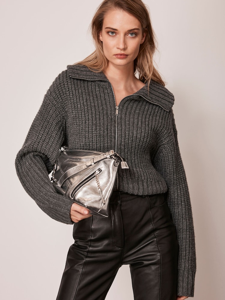 Mint Velvet Grey Knitted Zip Cardigan - Image 1 of 4