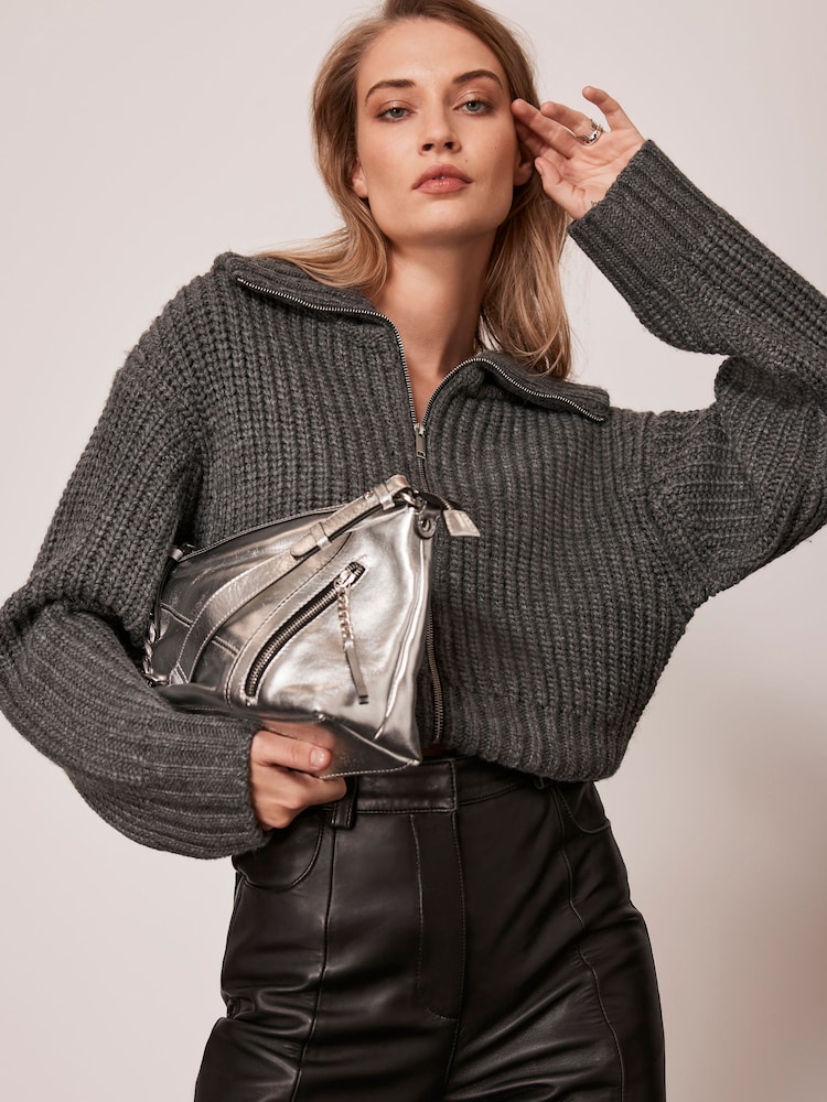 Mint Velvet Grey Knitted Zip Cardigan - Image 2 of 4