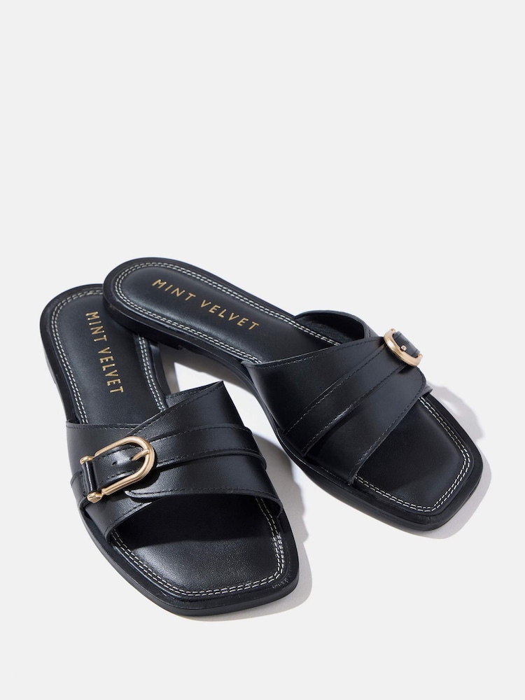 Mint Velvet Black Kate Leather Mule Sandals - Image 2 of 4 Mint Velvet Black Kate Leather Mule Sandals - Image 2 of 4