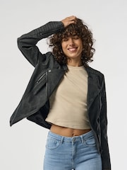 ONLY Black Collarless Faux Leather Biker Jacket - Image 1 of 6