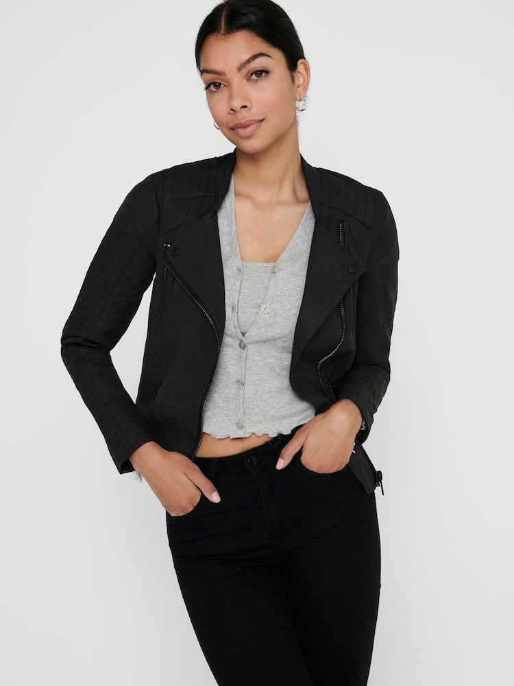 ONLY Black Collarless Faux Leather Biker Jacket - Image 2 of 6