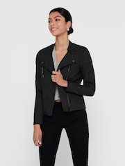 ONLY Black Collarless Faux Leather Biker Jacket - Image 3 of 6