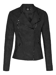 ONLY Black Collarless Faux Leather Biker Jacket - Image 5 of 6