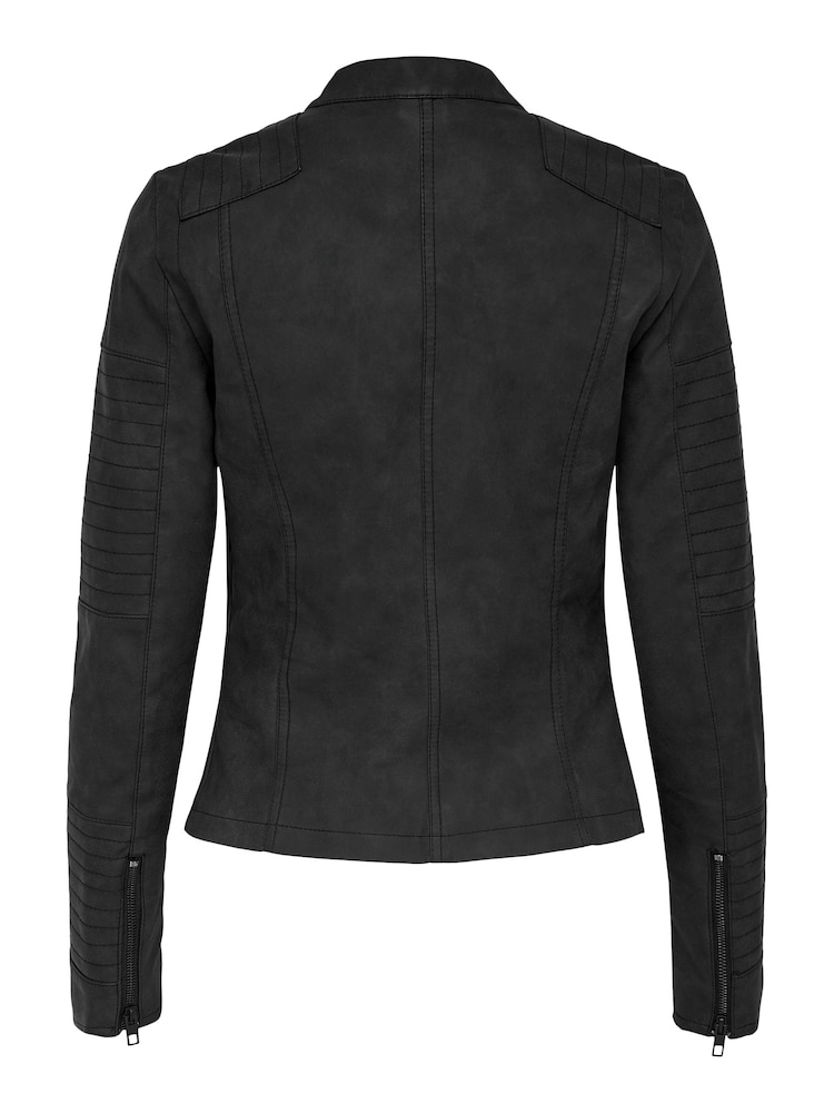 ONLY Black Collarless Faux Leather Biker Jacket - Image 6 of 6