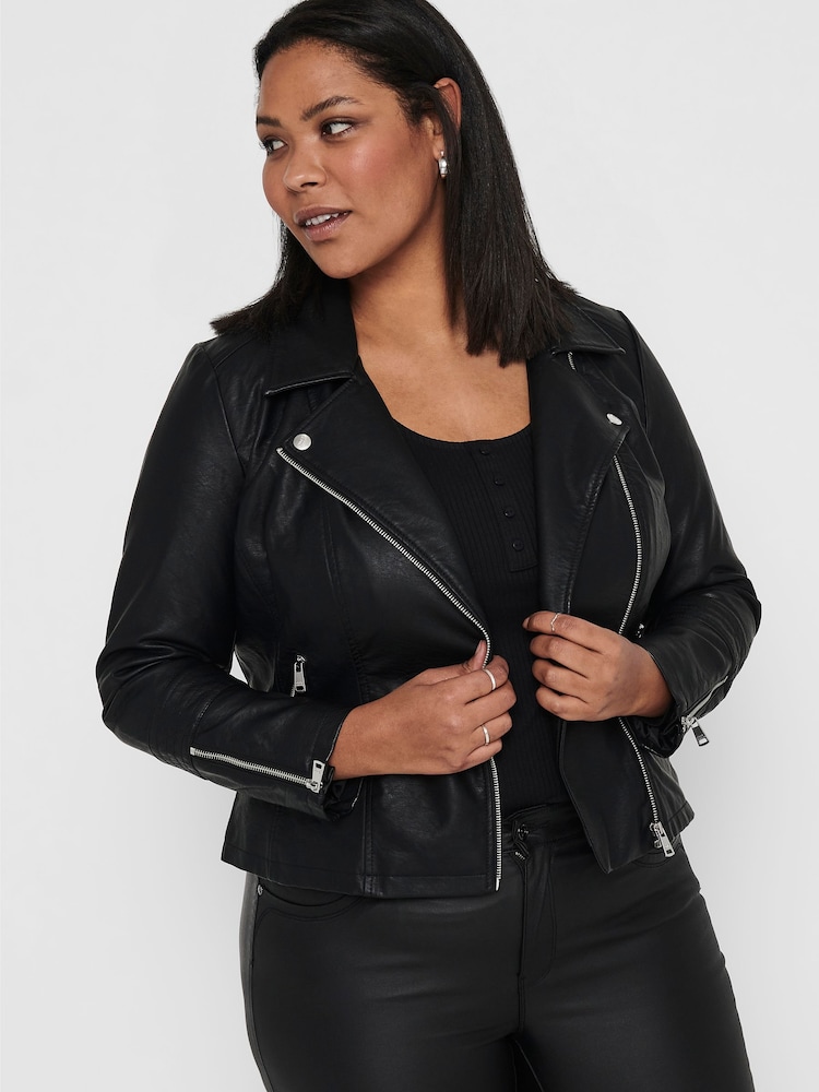 ONLY Curve Black Faux Fur Leather Biker Jacket - Image 2 of 6
