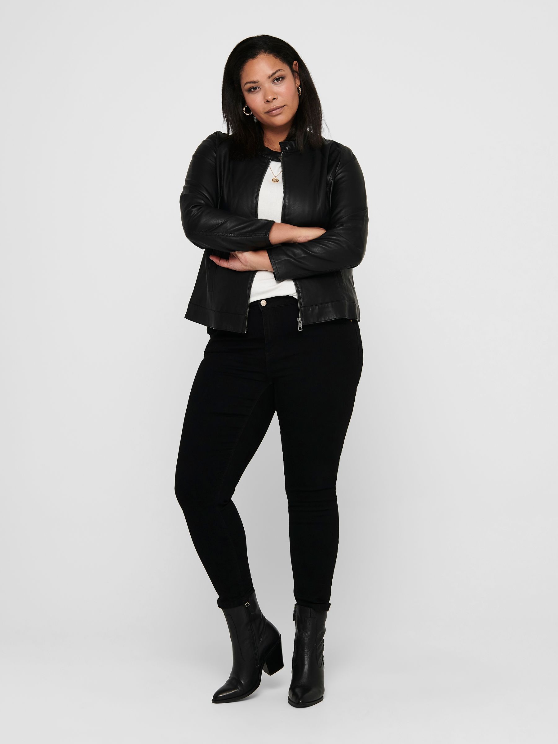 Buy ONLY Curve Black Collarless Faux Leather Biker Jacket
