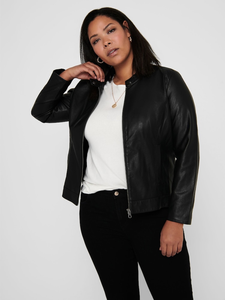 ONLY Curve Black Collarless Faux Leather Biker Jacket - Image 4 of 5