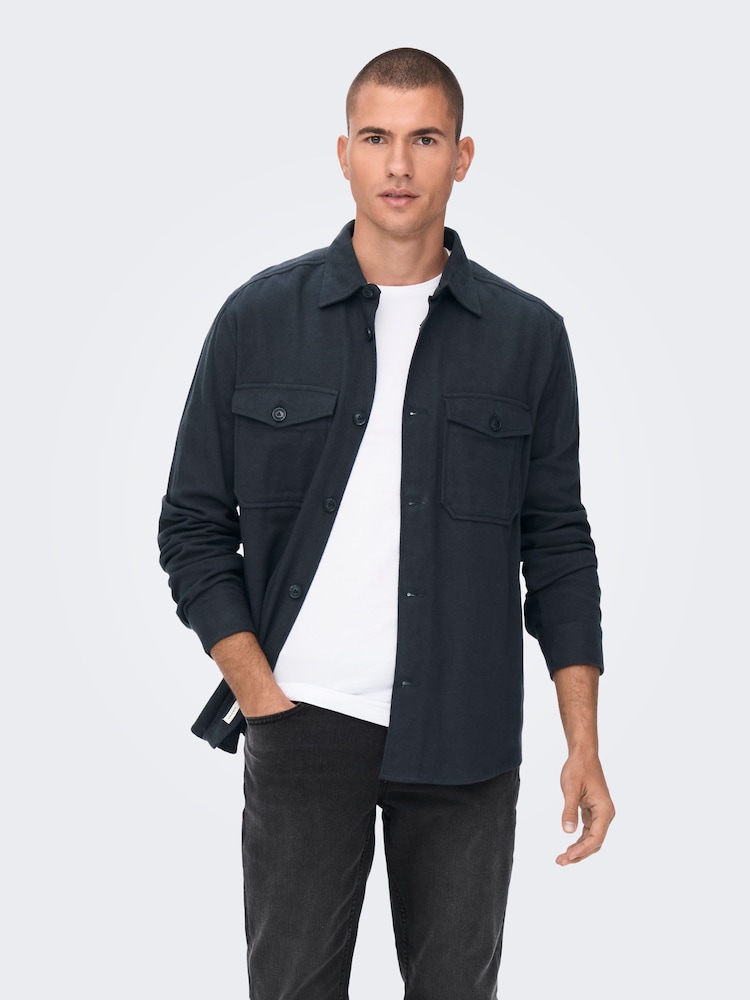 Only & Sons Blue Regular Fit 100% Cotton Button Up Long Sleeve Flannel Overshirt - Image 1 of 5