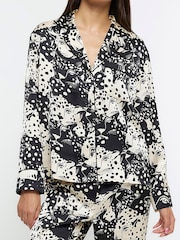 River Island Black Mono Animal Satin Pyjama Shirt - Image 1 of 1