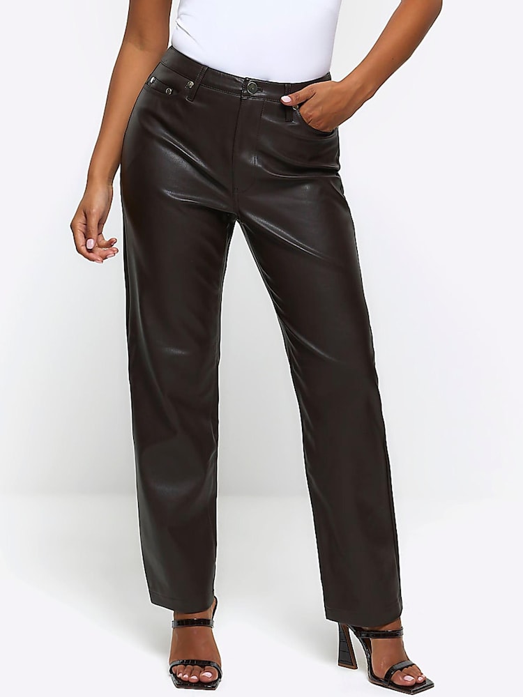 River Island Black Petite Straight Leg Coated Trousers - Image 1 of 6 River Island Black Petite Straight Leg Coated Trousers - Image 1 of 6
