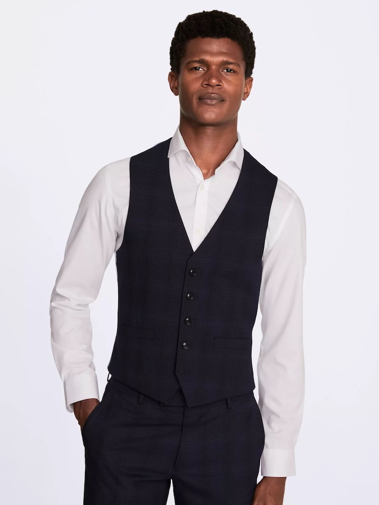 MOSS Navy Blue Slim Fit Check Waistcoat - Image 1 of 3