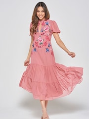 Frock and Frill Pink Embroidered Midi Dress - Image 1 of 4