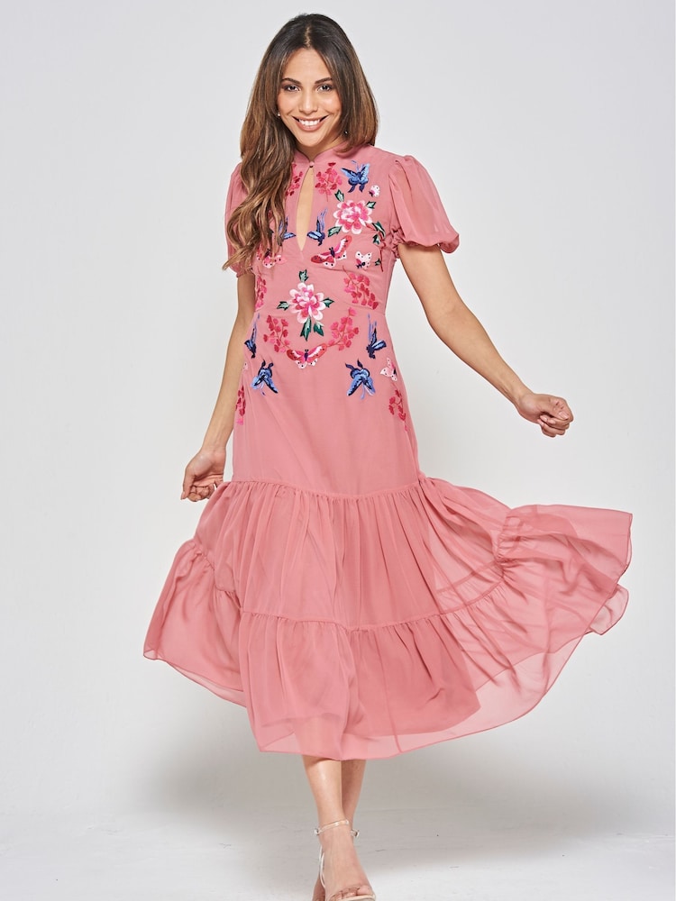 Frock and Frill Pink Embroidered Midi Dress - Image 1 of 4