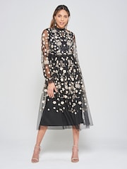 Frock and Frill Embroidered Midi Black Dress - Image 1 of 4