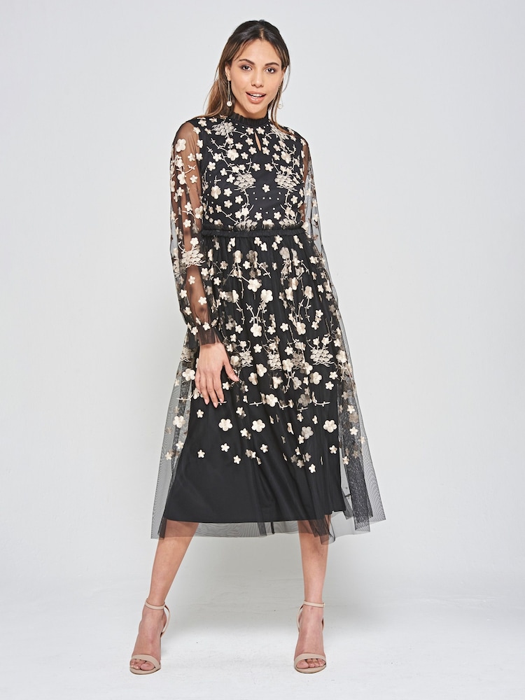 Frock and Frill Embroidered Midi Black Dress - Image 1 of 4