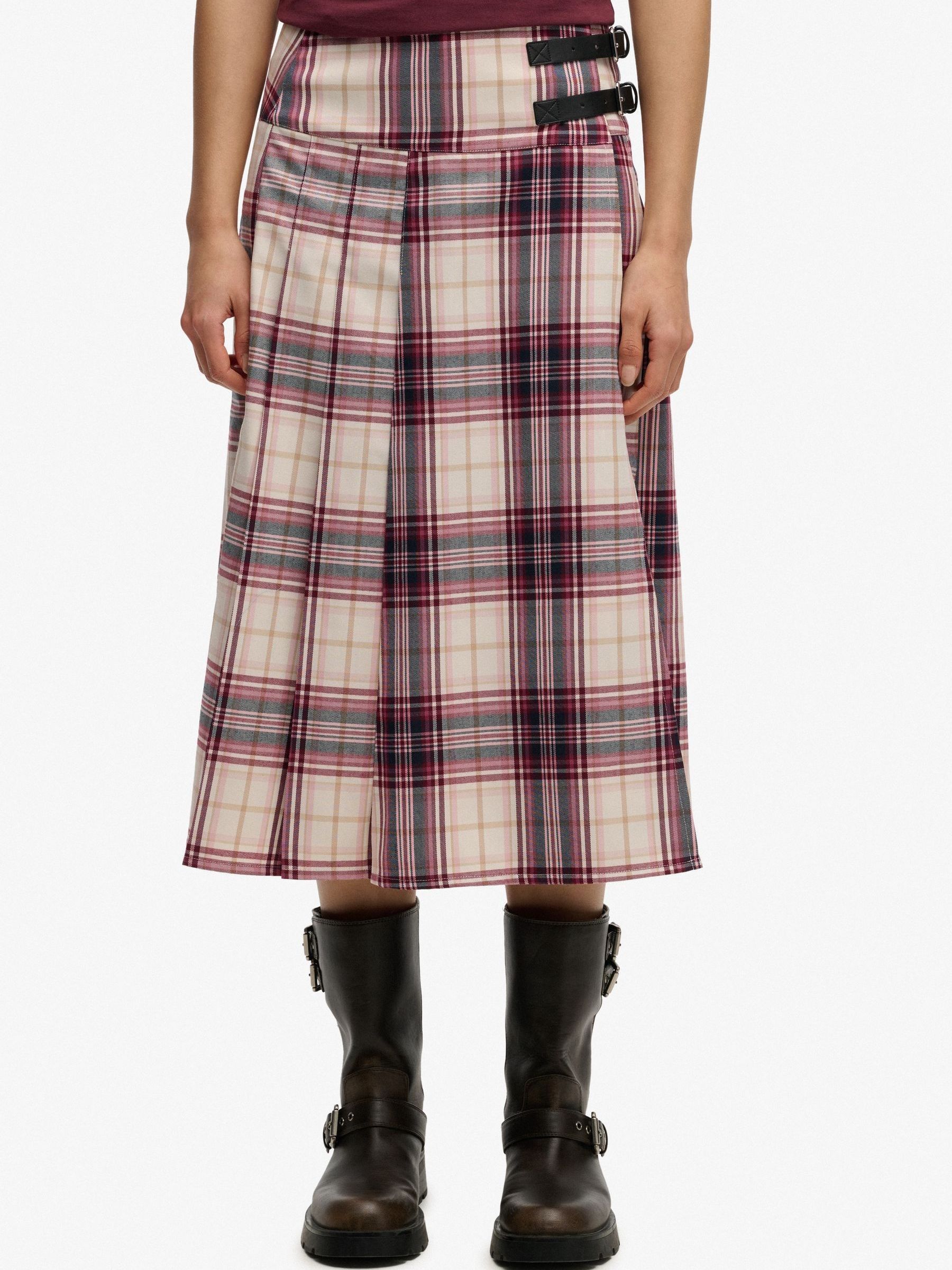 Superdry Check Pleated Midi Skirt - Cream - Image 3