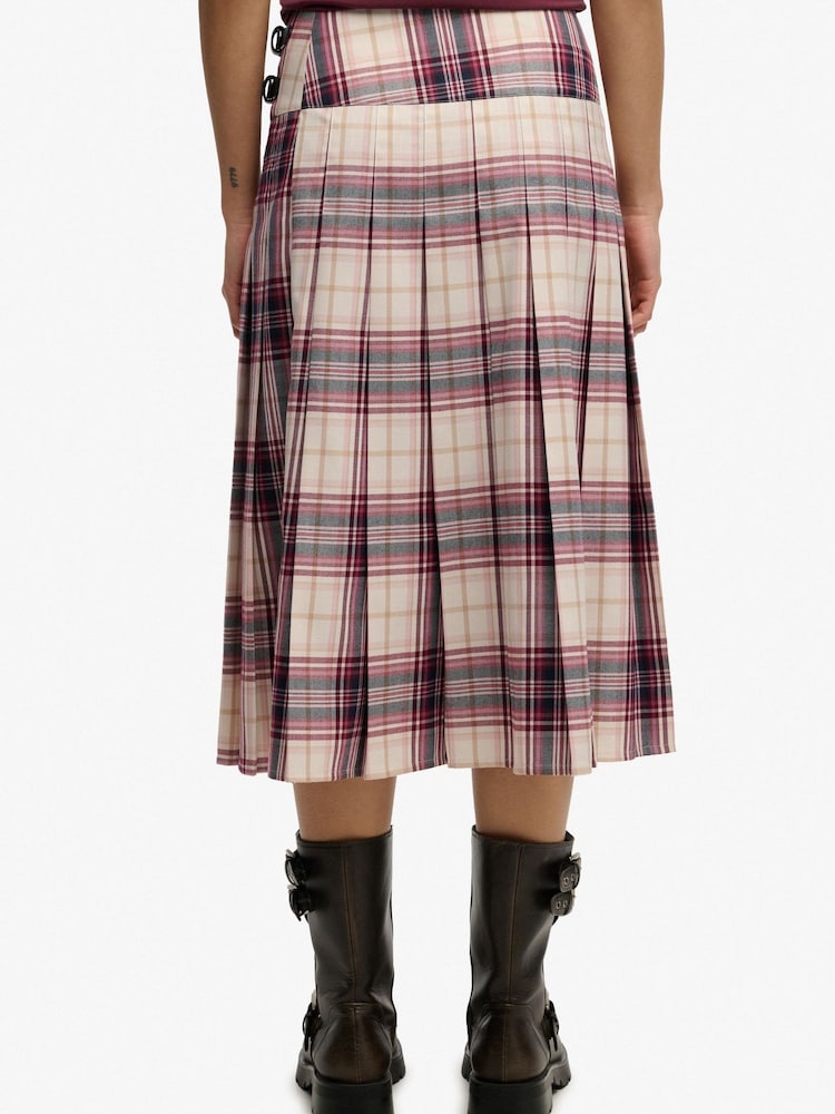 Superdry Red Check Pleated Midi Skirt - Image 2 of 9