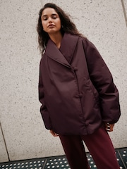 Rouge prune - Shawl Collar Wrap Shower-Resistant Padded Jacket - Image 1 de 5