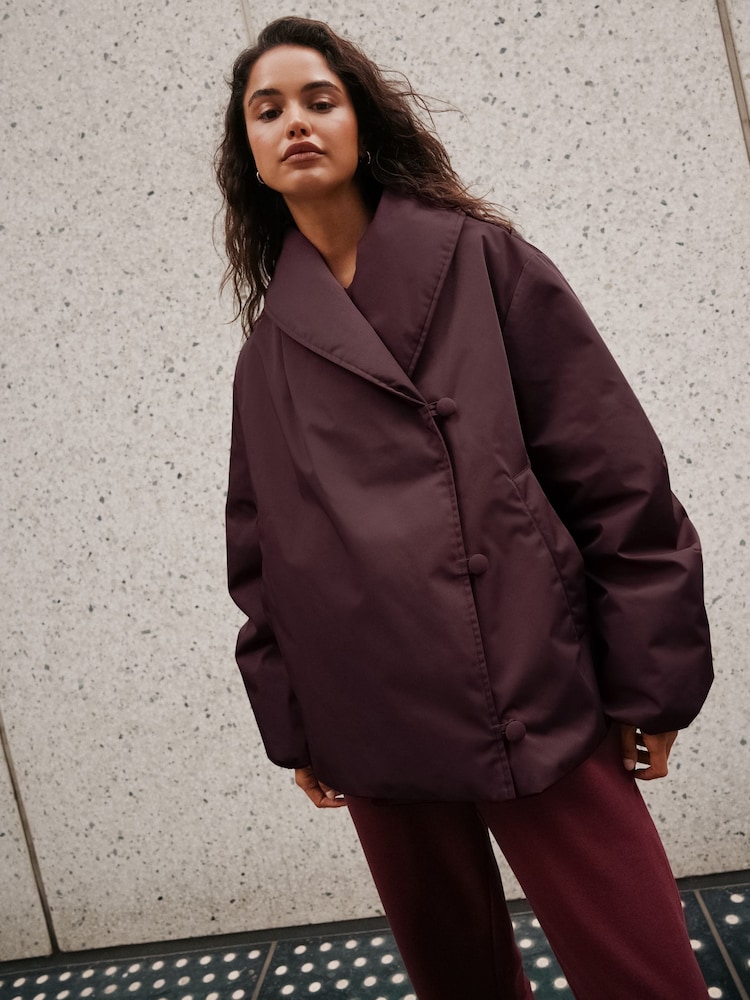 Rouge prune - Shawl Collar Wrap Shower-Resistant Padded Jacket - Image 1 de 5
