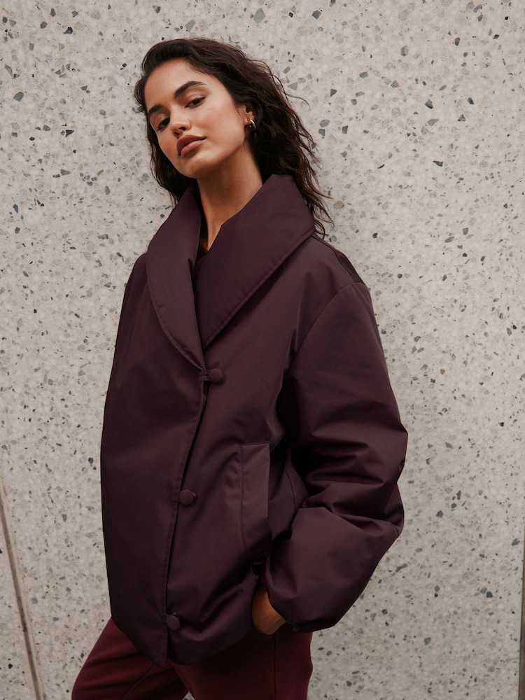 Rouge prune - Shawl Collar Wrap Shower-Resistant Padded Jacket - Image 2 de 5