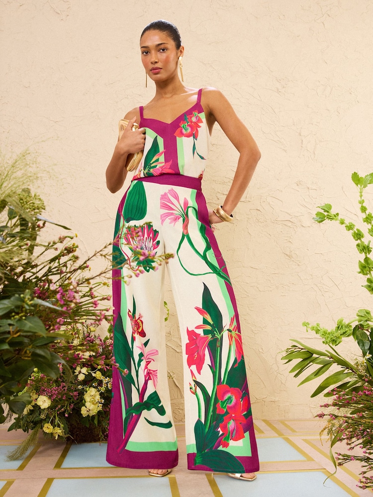 Love & Roses X RHS Ivory Floral Printed Wide Leg Pull On Trousers - Image 1 of 5 Love & Roses X RHS Ivory Floral Printed Wide Leg Pull On Trousers - Image 1 of 5