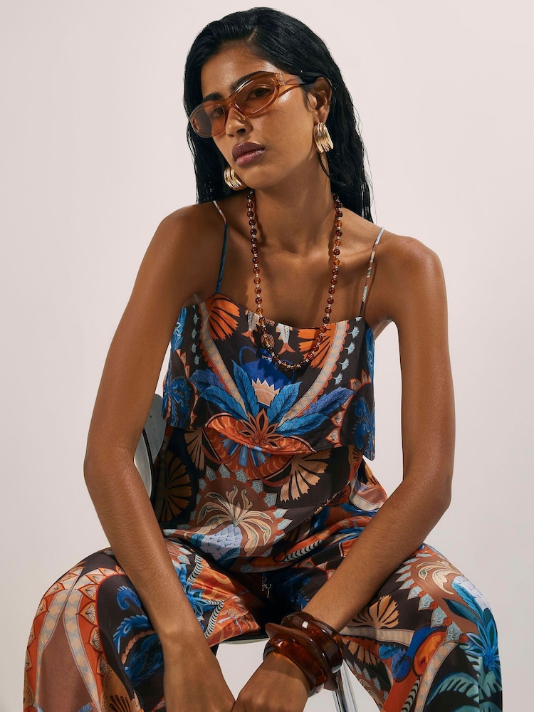 River Island Brown Palm Print Tiered Cami Top - Image 1 of 4