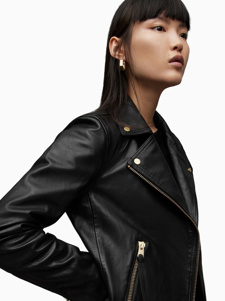 AllSaints Black Golden Dalby Biker Jacket - Image 4 of 9