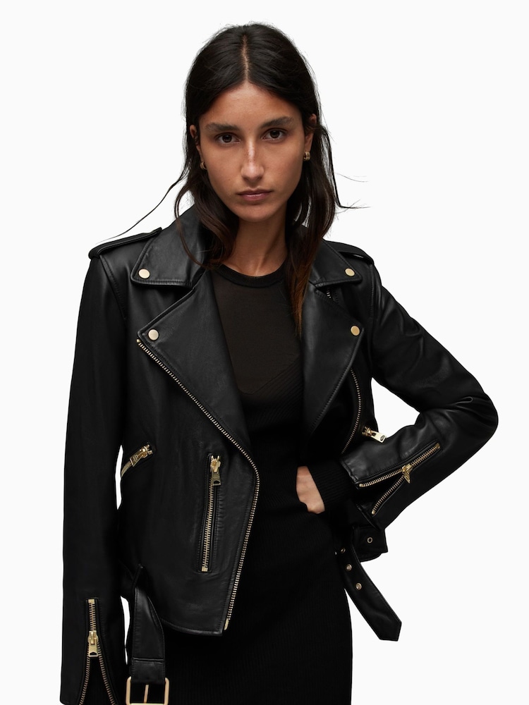 AllSaints Black Golden Balfern Biker Jacket - Image 1 of 9