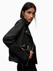 AllSaints Black Golden Balfern Biker Jacket - Image 6 of 9