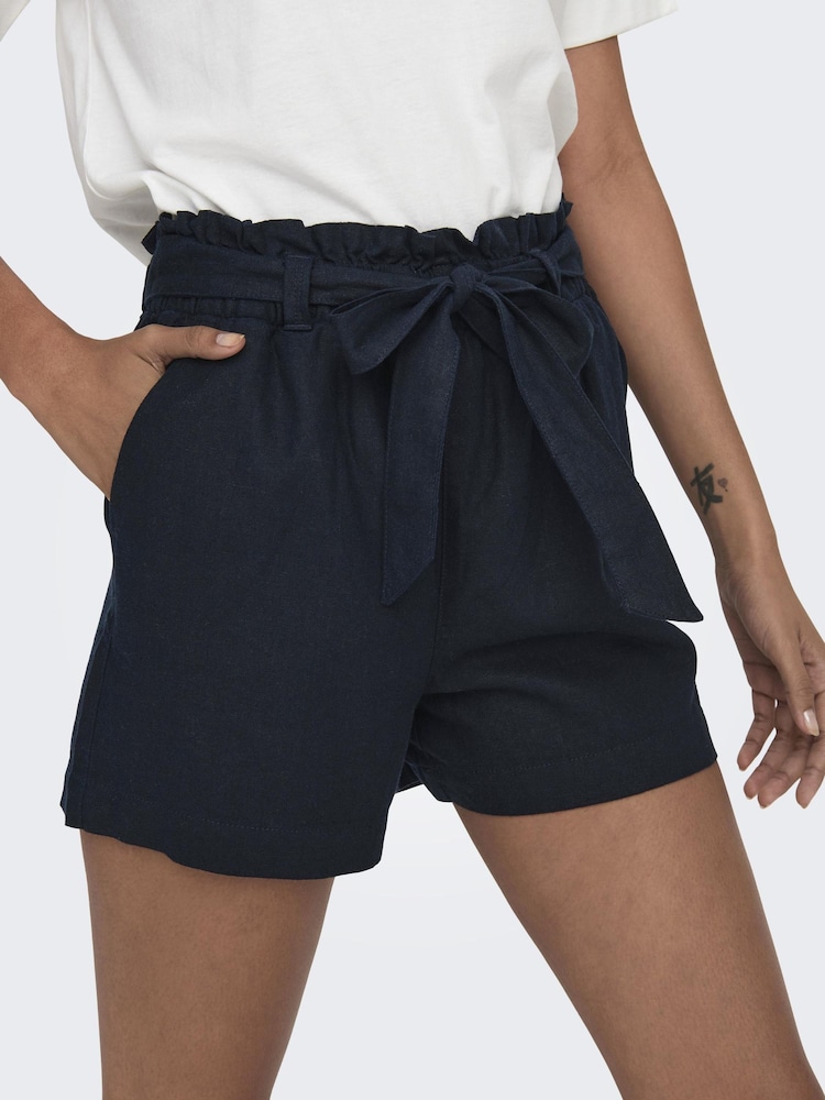 JDY Blue Linen Mix Tie Waist Shorts - Image 1 of 5