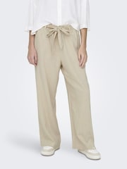 JDY Cream Linen Blend Tie Front Wide Leg Trousers - Image 1 of 5