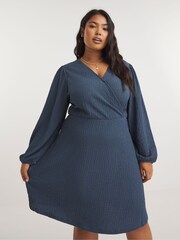 Simply Be Blue Textured Wrap Skater Dress - Image 1 of 4