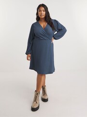 Simply Be Blue Textured Wrap Skater Dress - Image 3 of 4