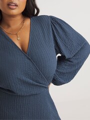 Simply Be Blue Textured Wrap Skater Dress - Image 4 of 4