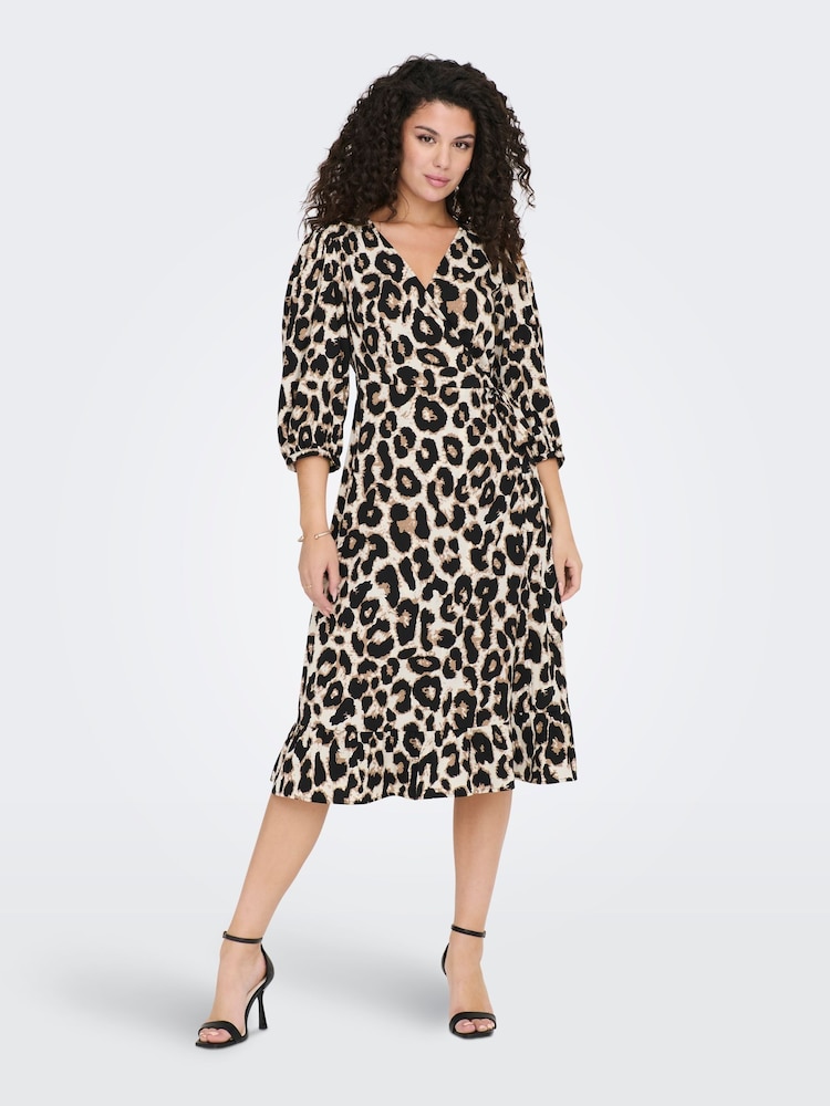 ONLY Animal Print Long Sleeve Wrap Midi Dress - Image 1 of 4