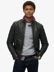 Superdry Black Leather Racer Jacket - Image 1 of 6