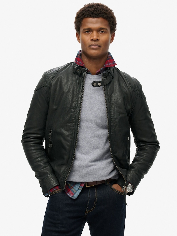 Superdry Black Leather Racer Jacket - Image 1 of 6
