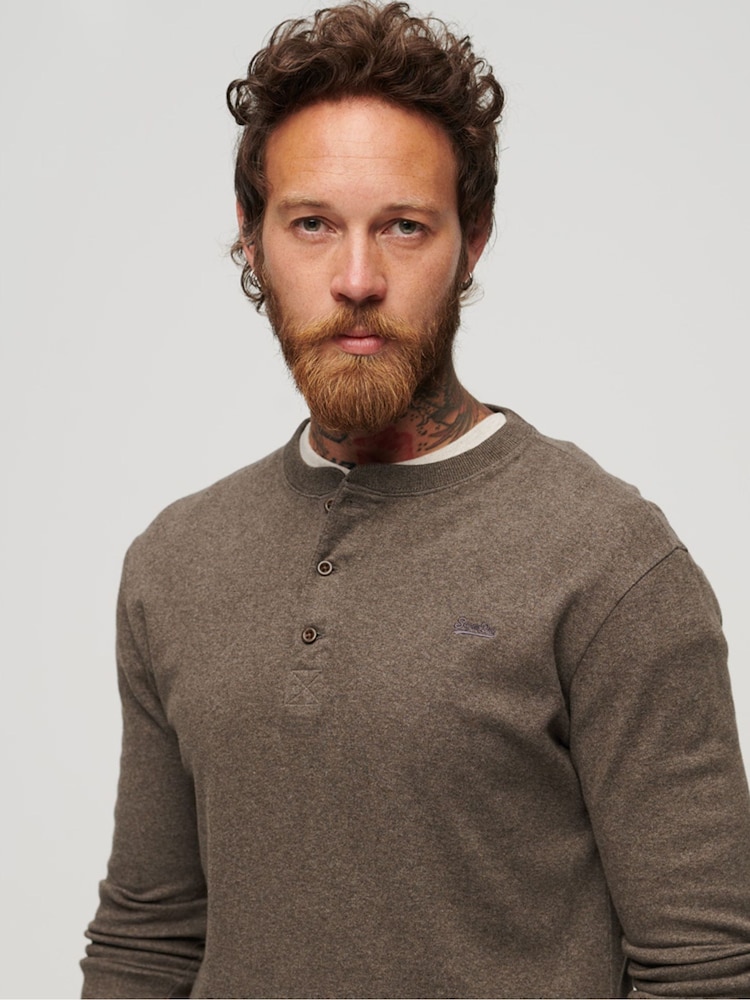 Superdry Brown/Grey Vintage Logo Embroidered Henley Top - Image 2 of 6