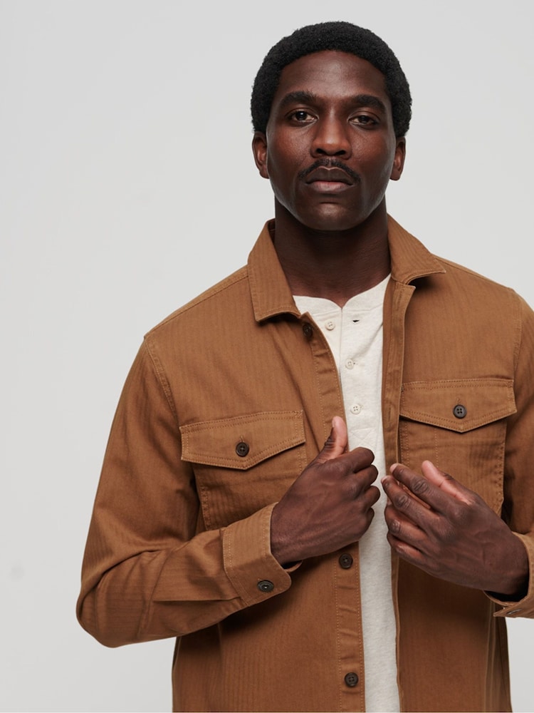 Superdry Brown The Merchant Store Herringbone Overshirt - Image 12 of 12