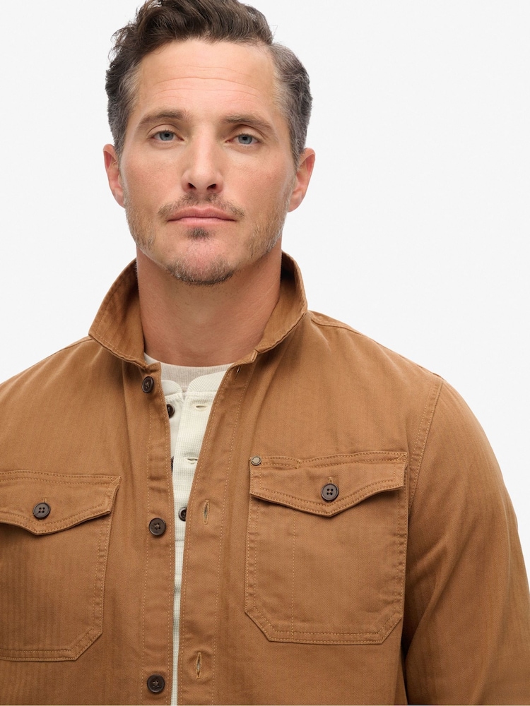 Superdry Brown The Merchant Store Herringbone Overshirt - Image 3 of 6