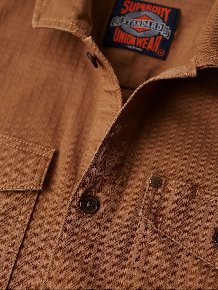 Superdry Brown The Merchant Store Herringbone Overshirt - Image 5 of 6